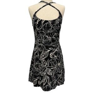 HM Women XS Black White Floral Linen Cotton Blend Halter Mini Dress Summer Flowy